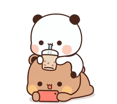 a panda bear is sitting on top of another bear holding a cup of tea