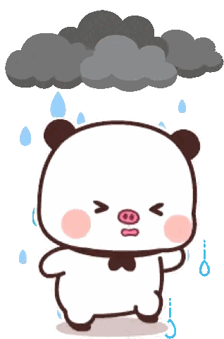 a panda bear is standing in the rain with a cloud above him