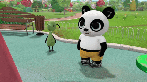 A Panda Bear Is Standing Next To A Green Frog GIF