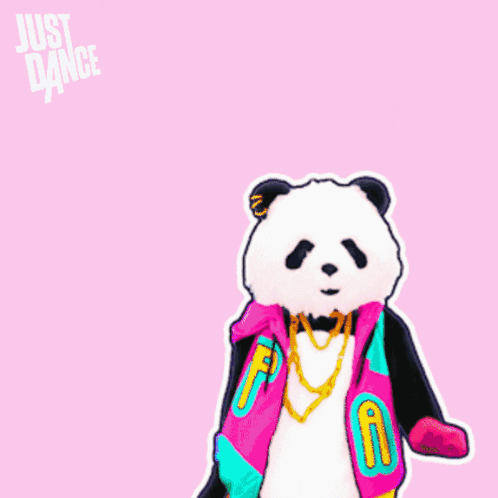 A Panda Bear Wearing A Colorful Jacket And A Necklace Is Dancing In Front Of A Just Dance Sign GIF