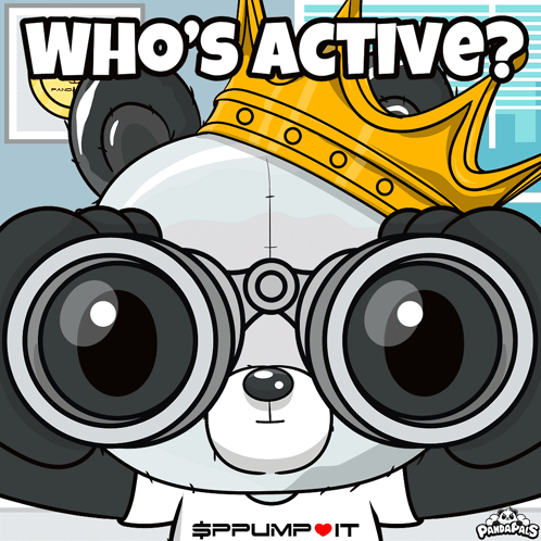 A Panda Bear Wearing A Crown And Binoculars With The Words Who 'S Active Below It GIF