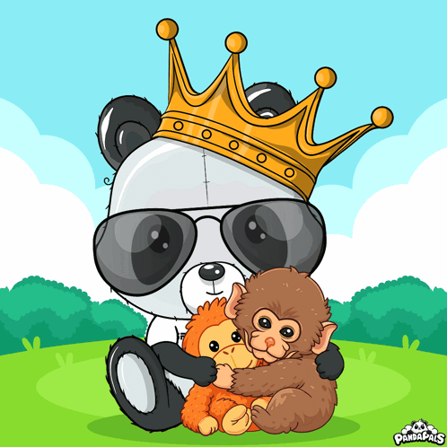 A Panda Bear Wearing A Crown And Sunglasses Is Hugging Two Stuffed Monkeys GIF