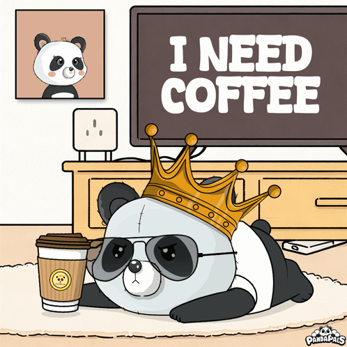 A Panda Bear Wearing A Crown And Sunglasses Is Laying On The Floor With A Cup Of Coffee GIF