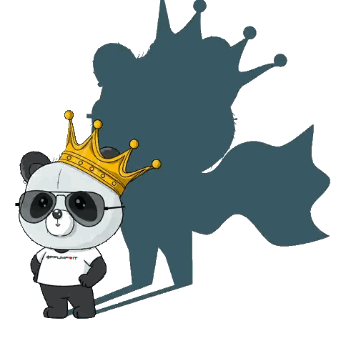 a panda bear wearing a crown and sunglasses is standing next to a shadow
