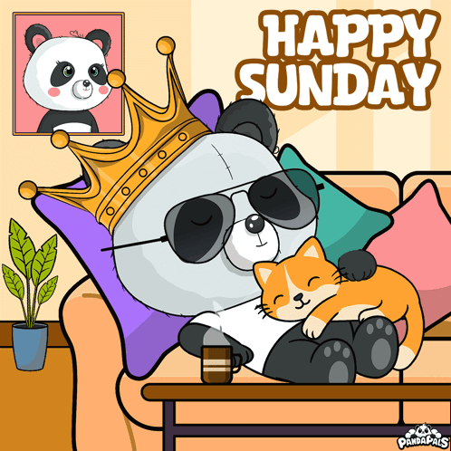 A Panda Bear Wearing A Crown And Sunglasses Laying On A Couch With A Cat GIF
