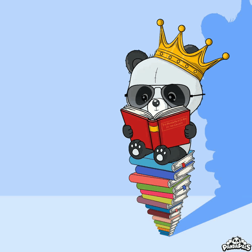 A Panda Bear Wearing A Crown Is Reading A Book Called The Adventures Of A Panda GIF