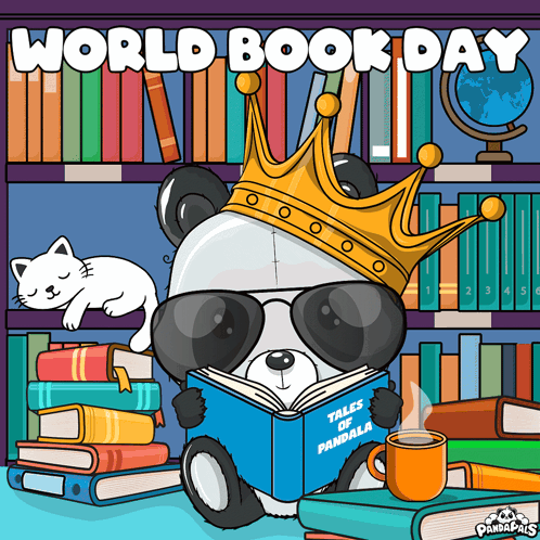 A Panda Bear Wearing A Crown Is Reading Tales Of Pandalala GIF