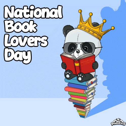 A Panda Bear Wearing A Crown Is Sitting On A Pile Of Books For National Book Lovers Day GIF