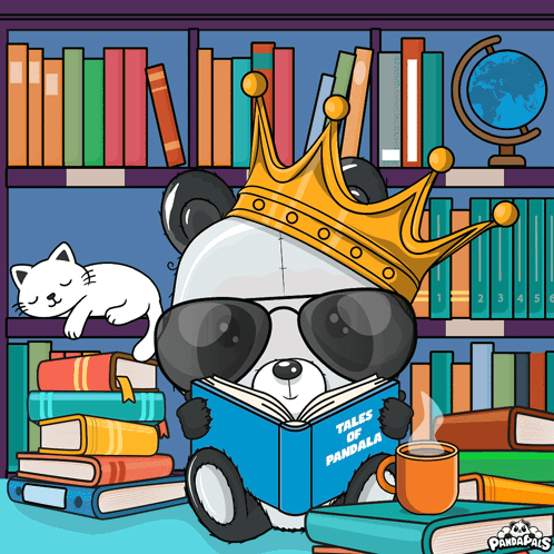 A Panda Bear Wearing A Crown Reads Tales Of Pandala GIF