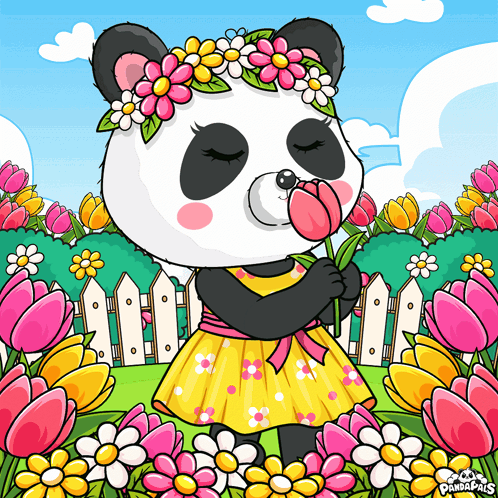 A Panda Bear Wearing A Flower Crown And A Yellow Dress GIF