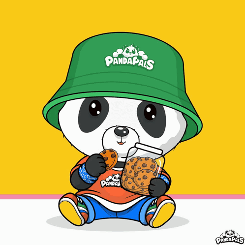 A Panda Bear Wearing A Green Hat And A Pandapals Shirt Eating Cookies GIF