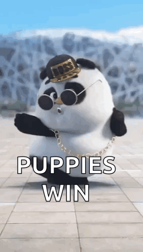 A Panda Bear Wearing A Hat And Sunglasses Is Dancing On A Sidewalk . GIF