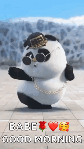 A Panda Bear Wearing A Hat , Sunglasses , And A Chain Is Dancing And Says `` Babe Good Morning '' . GIF