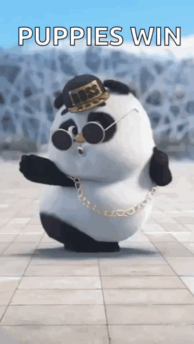 A Panda Bear Wearing A Hat , Sunglasses , And A Chain Is Dancing On A Sidewalk . GIF