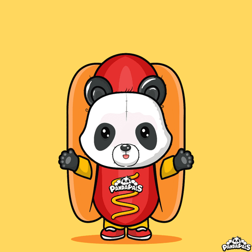 A Panda Bear Wearing A Hot Dog Costume With Pandapaws Written On The Shirt GIF