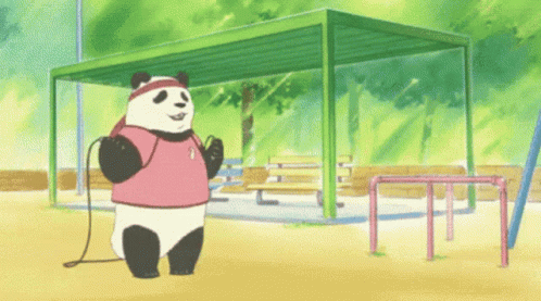 A Panda Bear Wearing A Pink Shirt And A Pink Headband Is Jumping Rope GIF