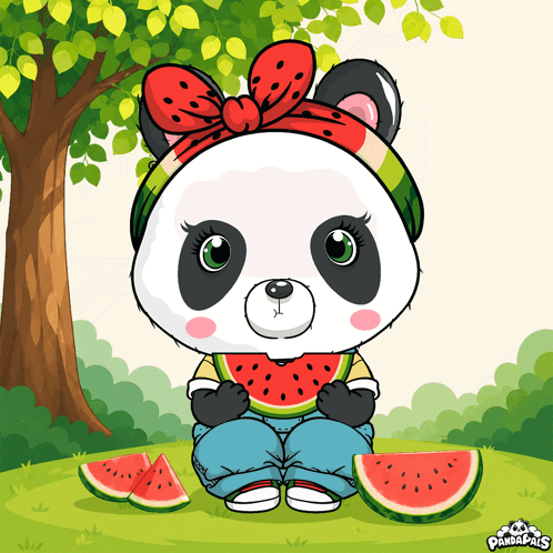 A Panda Bear Wearing A Watermelon Headband Is Eating Watermelon Slices GIF