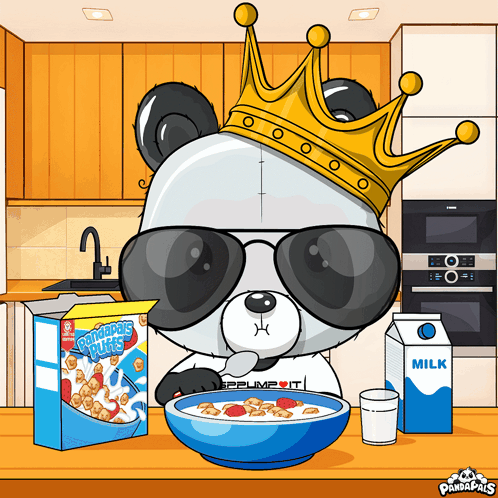 a panda bear wearing sunglasses and a crown eating cereal