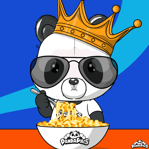 A Panda Bear Wearing Sunglasses And A Crown Is Eating Cereal GIF