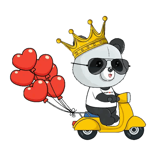a panda bear wearing sunglasses and a crown is riding a yellow scooter