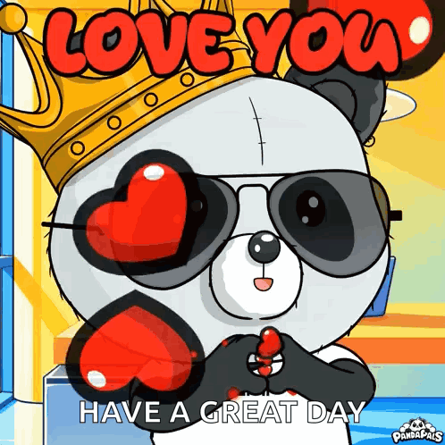 A Panda Bear Wearing Sunglasses And A Crown Says Love You GIF