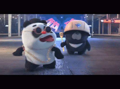 A Panda Bear Wearing Sunglasses And Holding A Fork Is Standing Next To A Black Bear Wearing A Hard Hat GIF