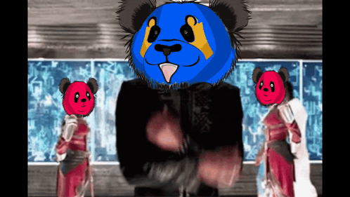A Panda Bear With A Blue Head Is Standing In Front Of Two Red Bears GIF