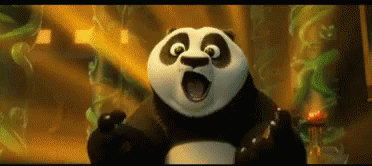 A Panda Bear With Its Mouth Open Is Standing In Front Of A Painting . GIF