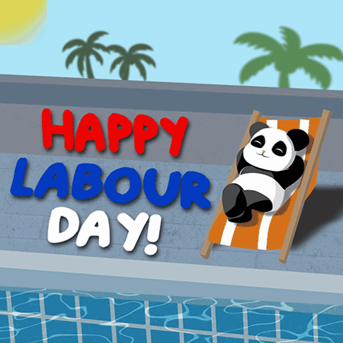 A Panda Is Laying In A Lawn Chair With The Words Happy Labour Day Written Above It GIF