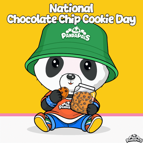 A Panda Wearing A Green Hat And Holding A Jar Of Chocolate Chip Cookies For National Chocolate Chip Cookie Day GIF
