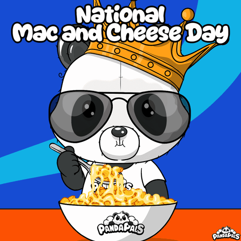 A Panda Wearing Sunglasses And A Crown Eating Macaroni And Cheese GIF