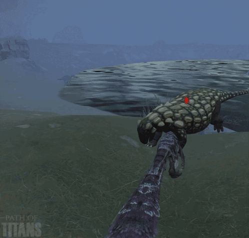 A Path Of Titans Poster With A T-Rex And A Triceratops GIF