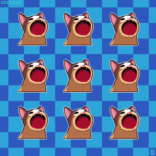 A Pattern Of Cats With Their Mouths Open On A Blue Checkered Background GIF