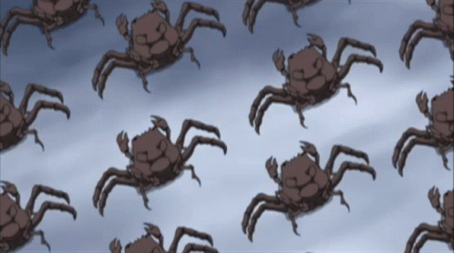 a pattern of crabs on a blue background with a gray sky in the background