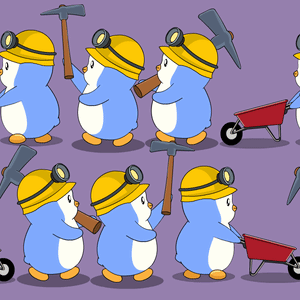 A Pattern Of Penguins Wearing Hard Hats Holding Hammers And A Wheelbarrow GIF