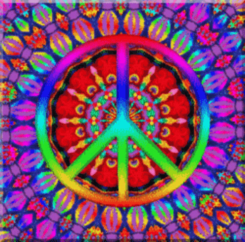 A Peace Sign Is Surrounded By A Colorful Kaleidoscope GIF