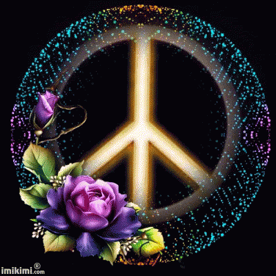 A Peace Sign Is Surrounded By Purple Flowers And Sparkles GIF