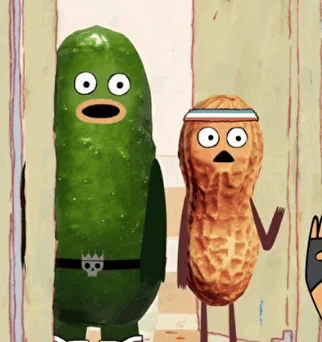 A Peanut And A Pickle Are Standing Next To Each Other In A Doorway GIF