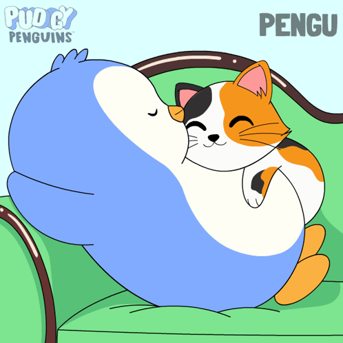 A Penguin And A Cat Are Hugging On A Couch And The Penguin Is Called Pengu GIF