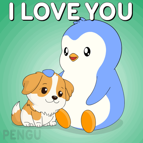 A Penguin And A Dog Are Sitting Next To Each Other With The Words " I Love You " Written Above Them GIF