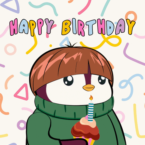 a penguin blowing out a birthday candle with the words happy birthday behind him