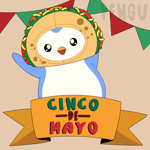 A Penguin Dressed As A Taco Holds A Banner That Says Cinco-De-Mayo GIF
