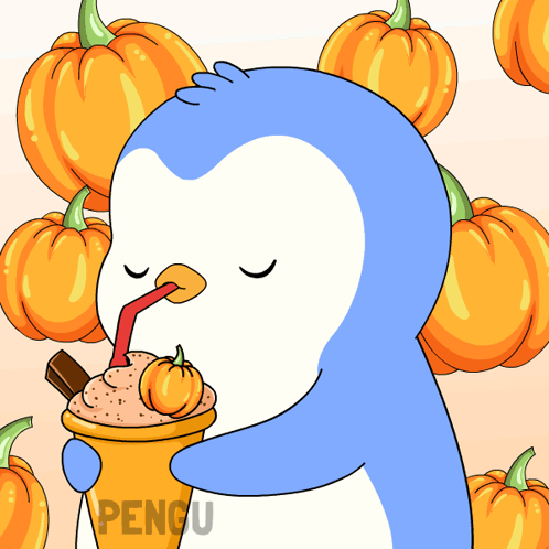 A Penguin Drinking A Milkshake With A Pumpkin In It GIF