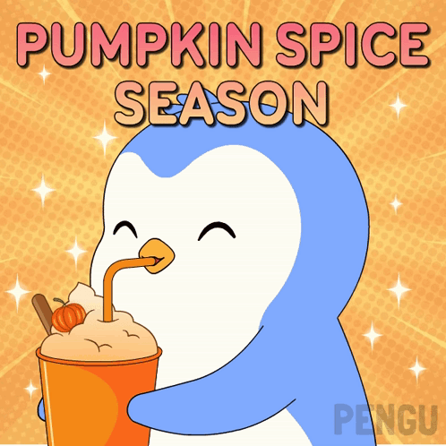 a penguin drinking a pumpkin spice season milkshake