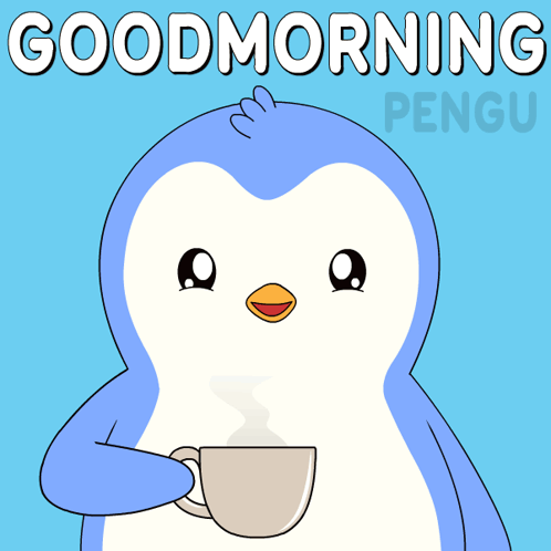 A Penguin Drinking From A Cup With The Words Good Morning Penguin GIF