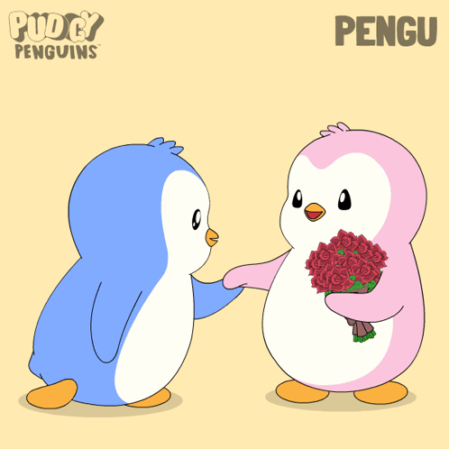 A Penguin Giving A Bouquet Of Roses To Another Penguin With The Word Pengu On The Bottom GIF