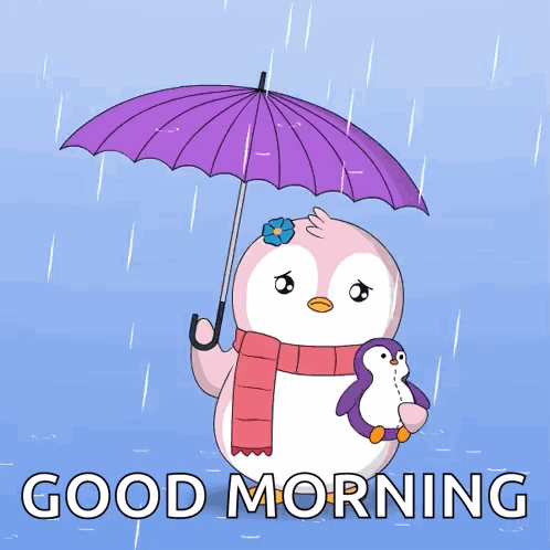 A Penguin Holding A Baby Penguin Under An Umbrella With The Words Good Morning Written Below It GIF