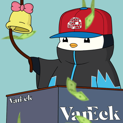 A Penguin Holding A Bell And A Book Titled Vaneck GIF