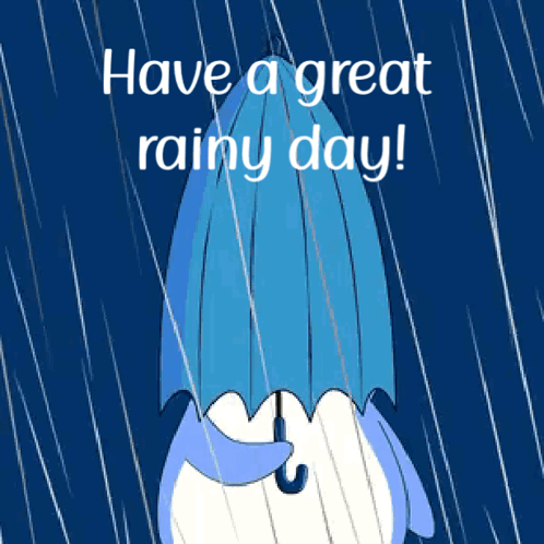 a penguin holding a blue umbrella in the rain with the words " have a great rainy day "