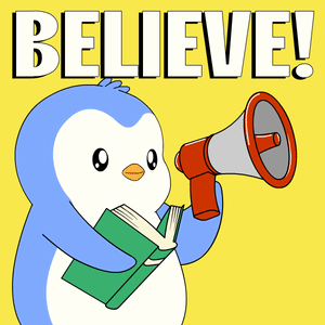 A Penguin Holding A Book And A Megaphone With The Word Believe Written Above It GIF